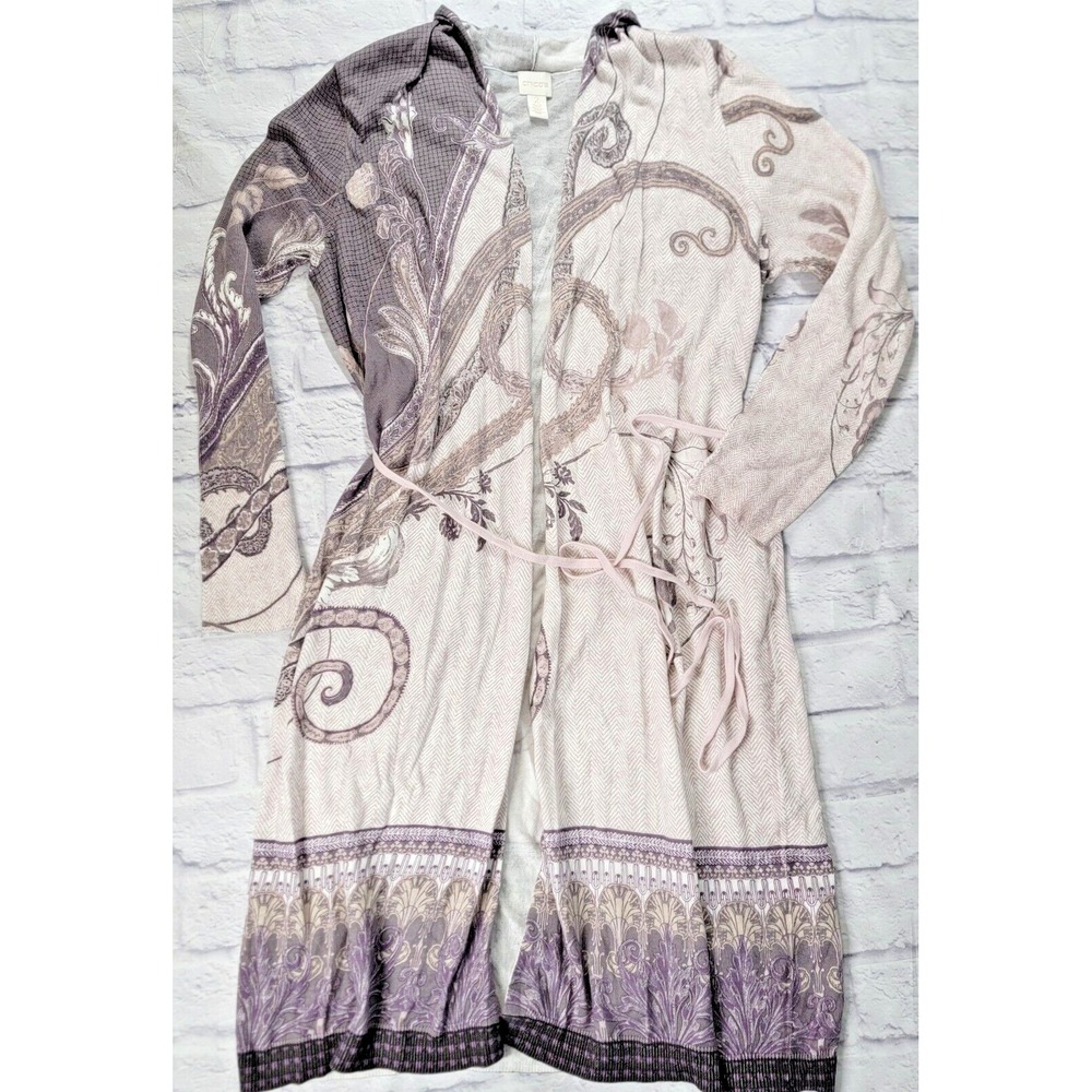 Chico's Size 2 Josie Cardigan Sweater Purple‎ Paisley Duster Open Tie Belt Wrap